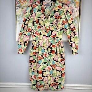 Vintage 80s Pat Argenti Boutique Floral Print Midi Dress Size 10